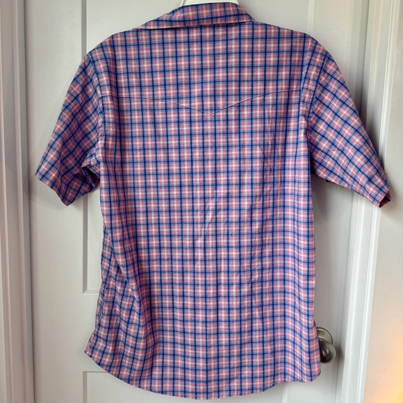 Wrangler Men’s Plaid Western Pearl Snap Shirt Short Sleeve Pink Blue Size Large - Picture 4 of 9